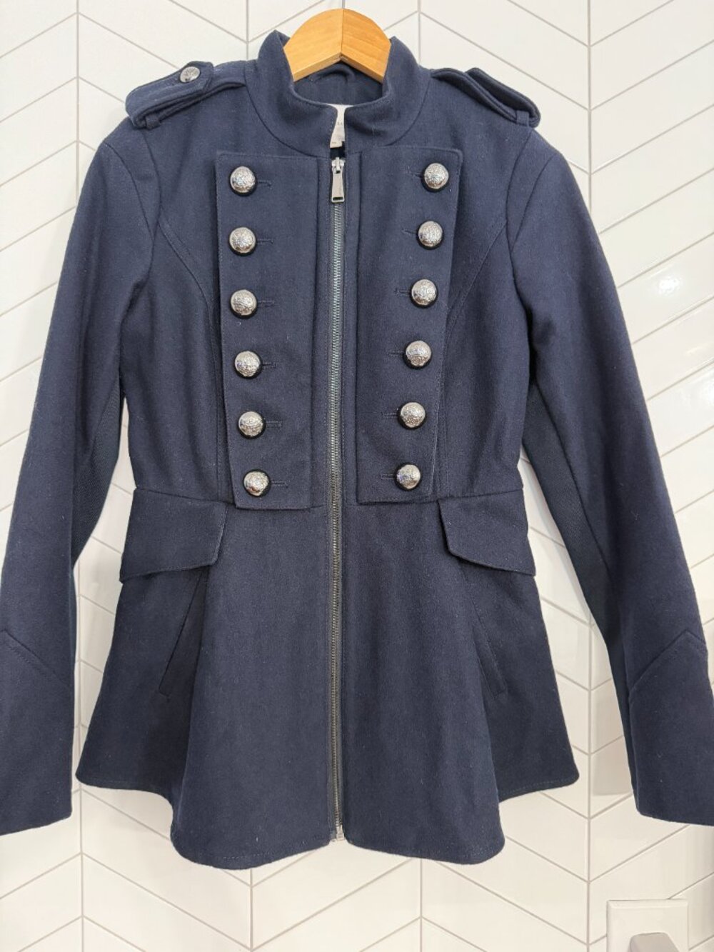 BCBGeneration Womenns Navy Military Fit & Flare Coat Silver Buttons | XS